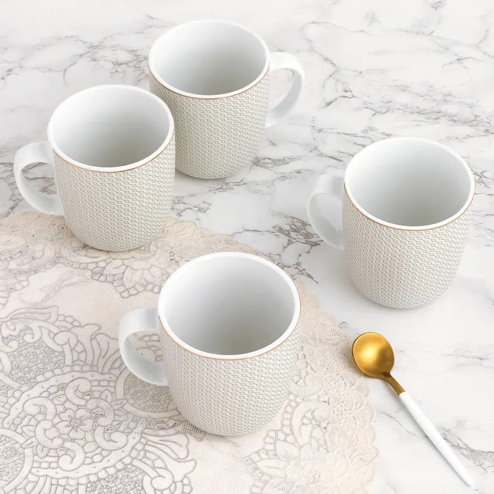 Diamond and Gold Porcelain Mug Set 4 Pack - Gold
