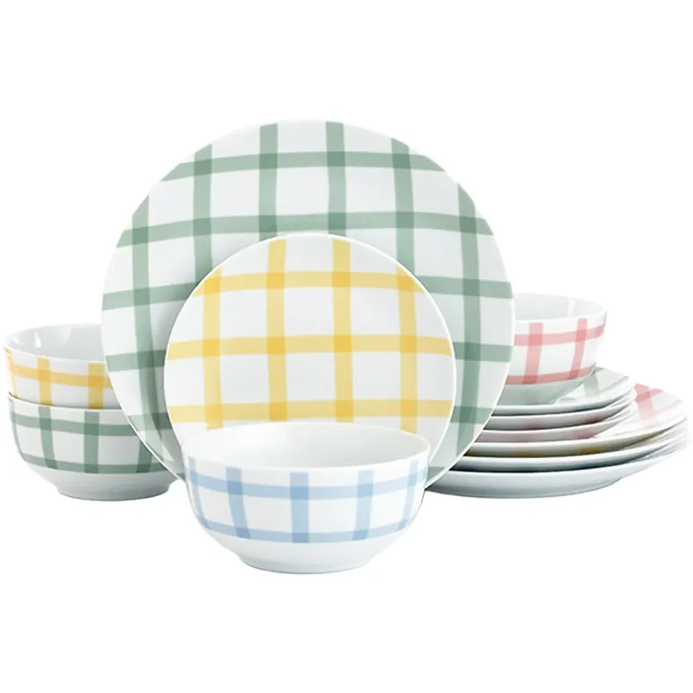 Gingham Pastels 12 Piece Dinner Set - Multi