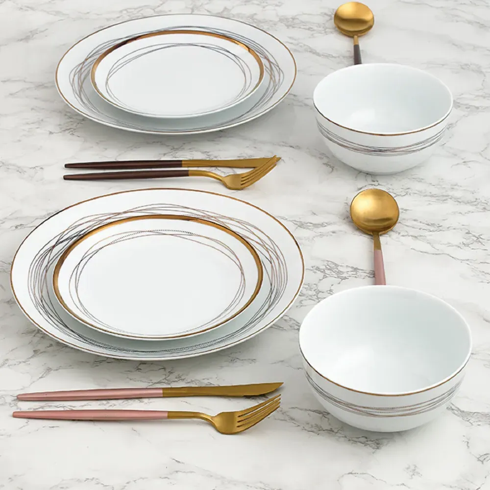 Gold Swirl 12 Piece Dinner Set - Gold, Porcelain