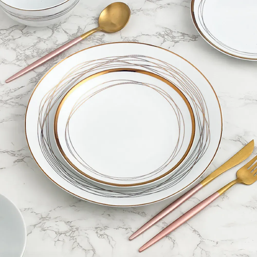 Gold Swirl 12 Piece Dinner Set - Gold, Porcelain