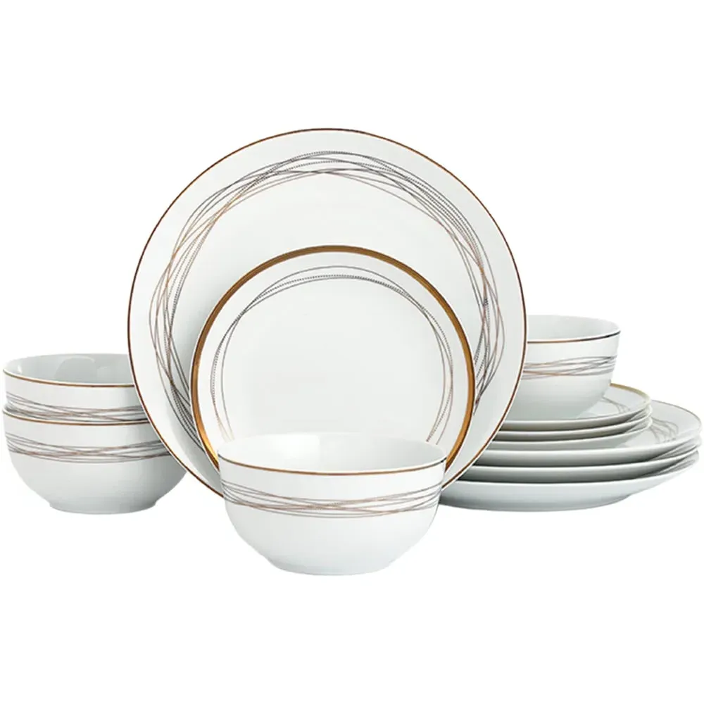 Gold Swirl 12 Piece Dinner Set - Gold, Porcelain image