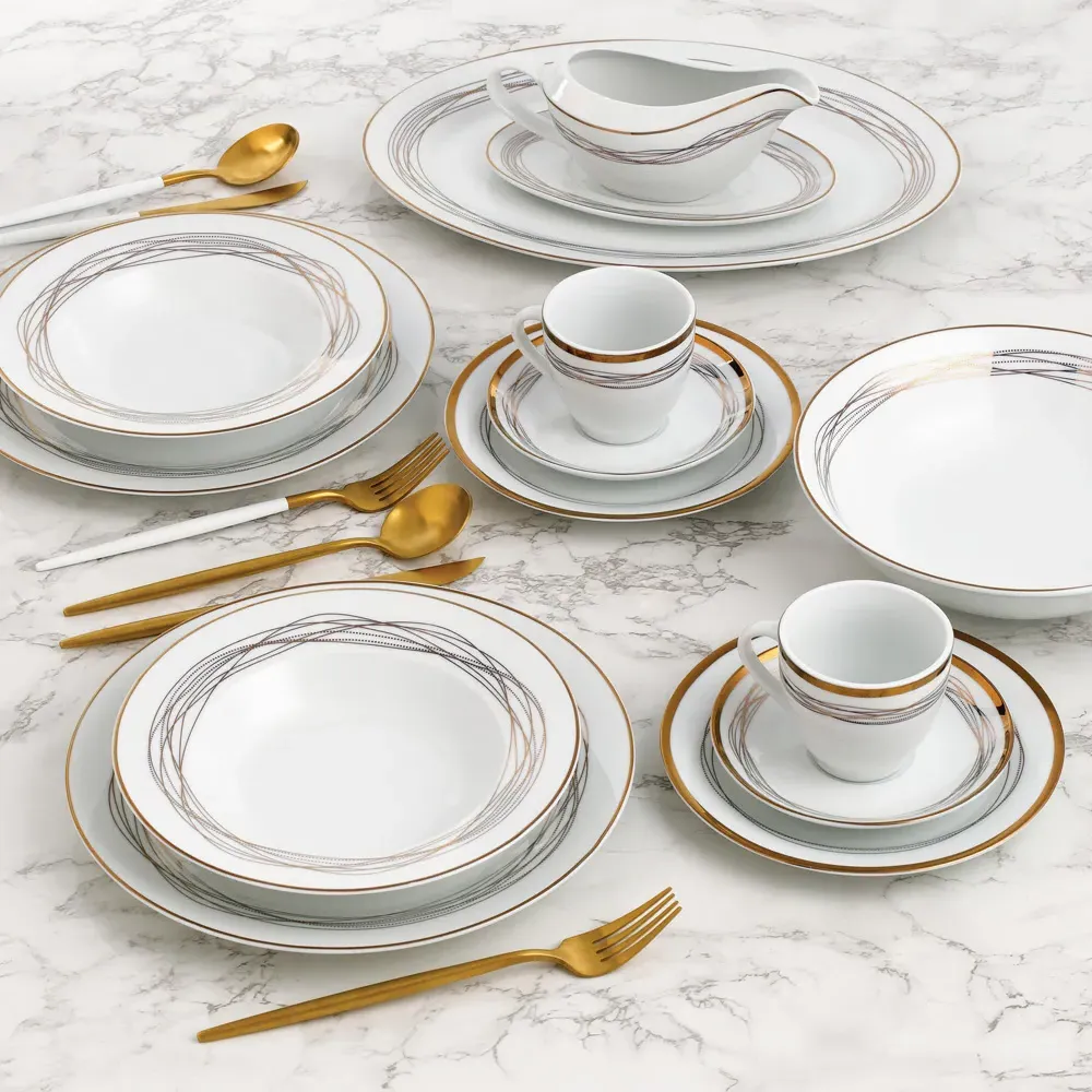 Gold Swirl 35 Piece Dinner Set - Gold, Porcelain