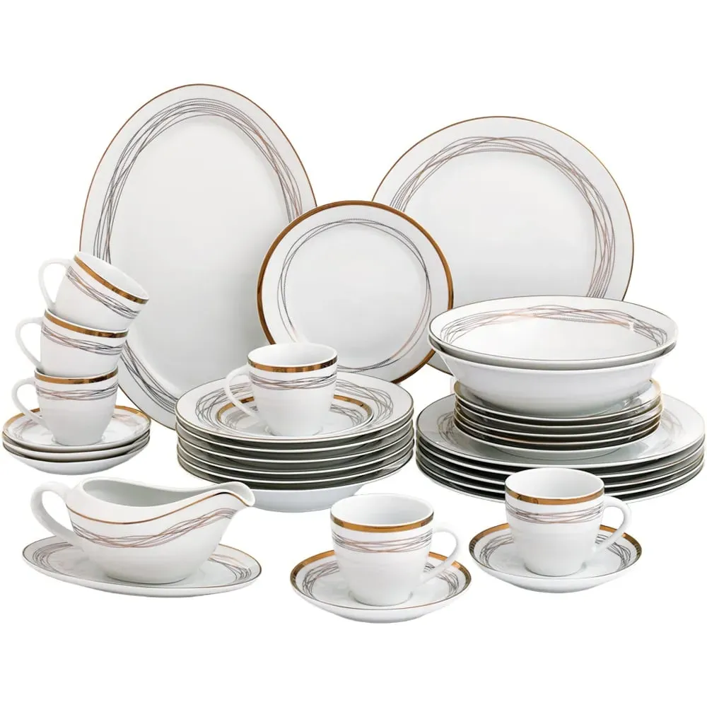 Gold Swirl 35 Piece Dinner Set - Gold, Porcelain