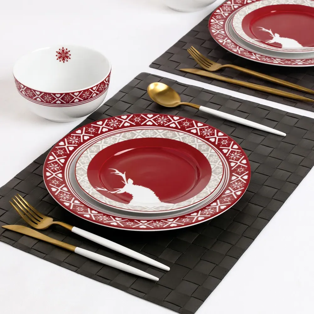 Nordic Reindeer 12 Piece Dinner Set - Red, Porcelain