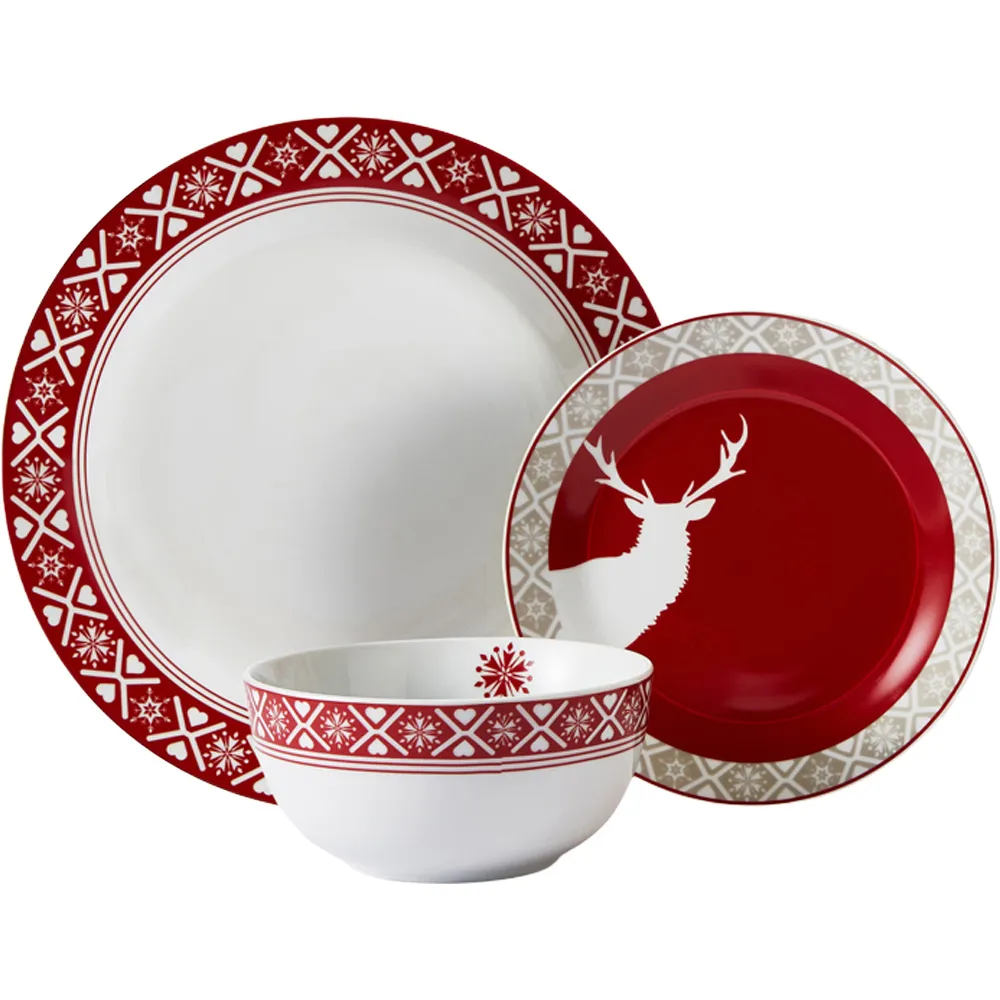 Nordic Reindeer 12 Piece Dinner Set - Red, Porcelain