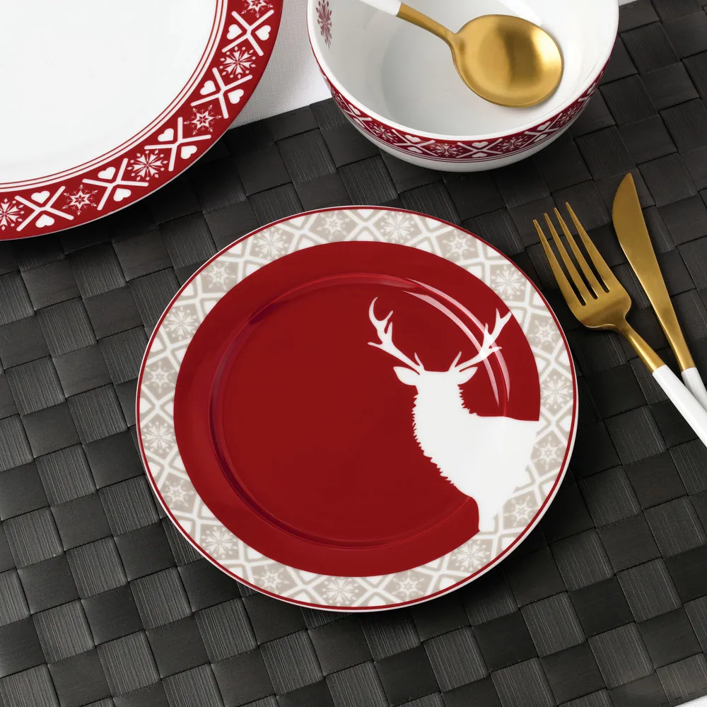 Nordic Reindeer 12 Piece Dinner Set - Red, Porcelain