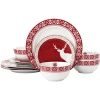 Nordic Reindeer 12 Piece Dinner Set - Red, Porcelain