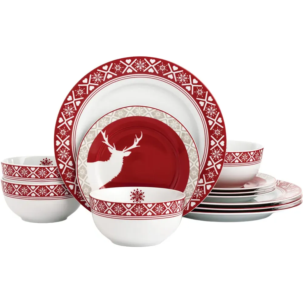 Nordic Reindeer 12 Piece Dinner Set - Red, Porcelain
