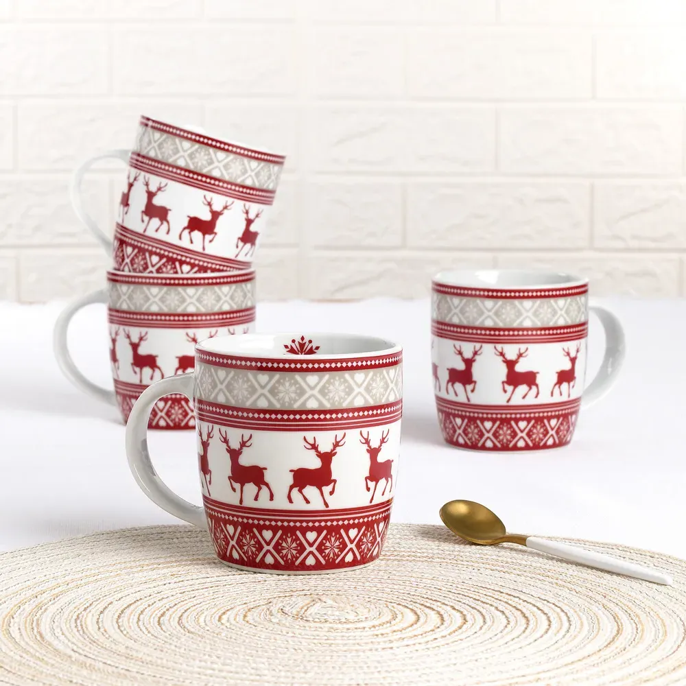 Nordic Reindeer Mug 4 Pack - Red, Porcelain