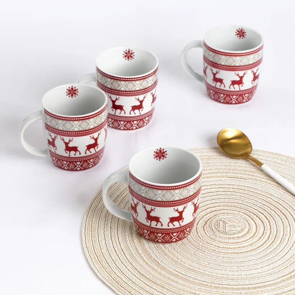 Nordic Reindeer Mug 4 Pack - Red, Porcelain
