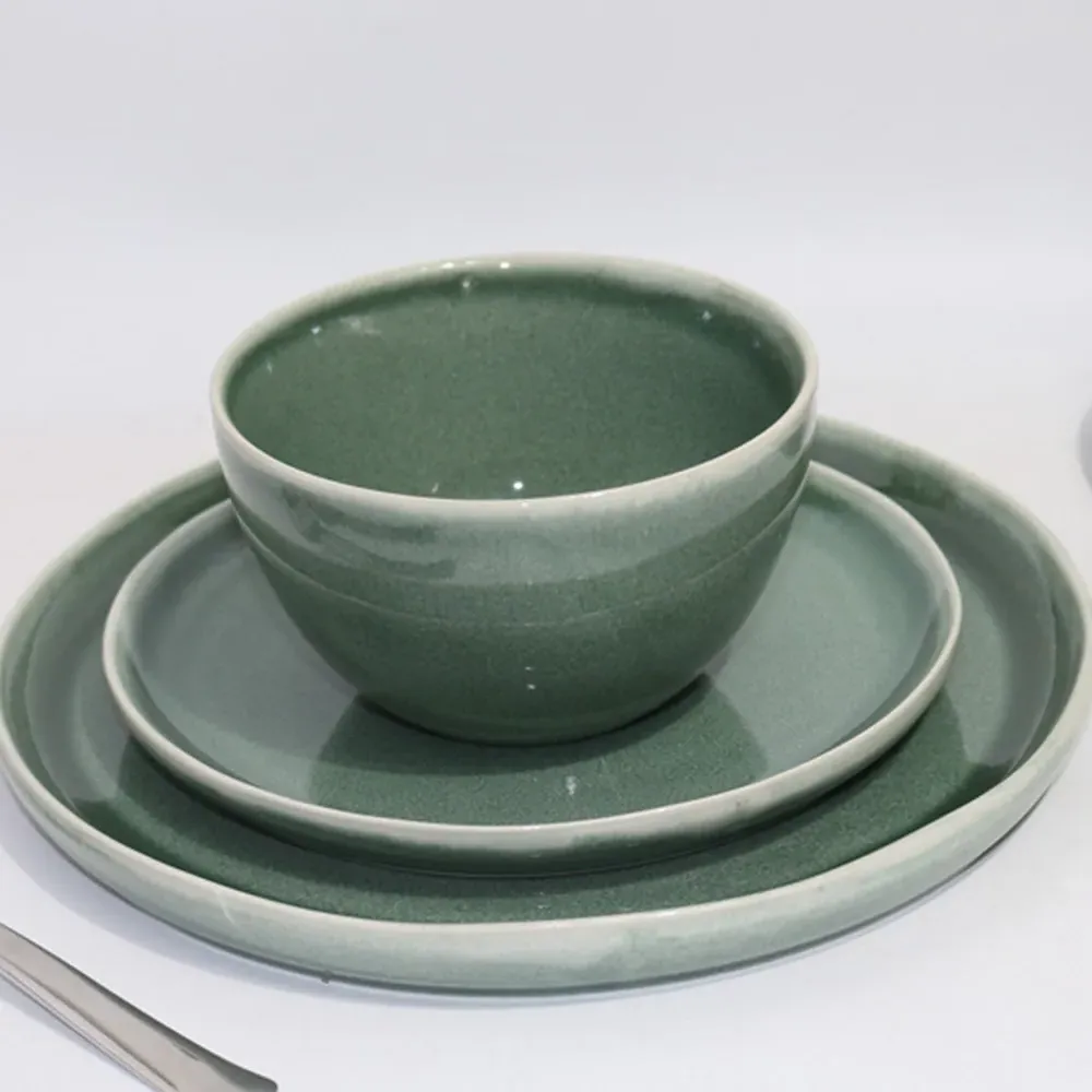 Reactive Glaze Green Lipped 12 Piece Dinner Set - Green