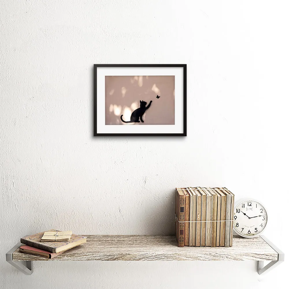 Cat Butterfly Silhouette Graffiti Framed Wall Art Print - Black