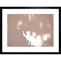 Cat Butterfly Silhouette Graffiti Framed Wall Art Print - Black