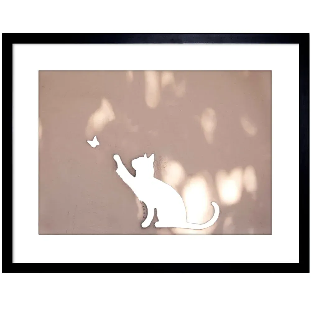 Cat Butterfly Silhouette Graffiti Framed Wall Art Print - Black