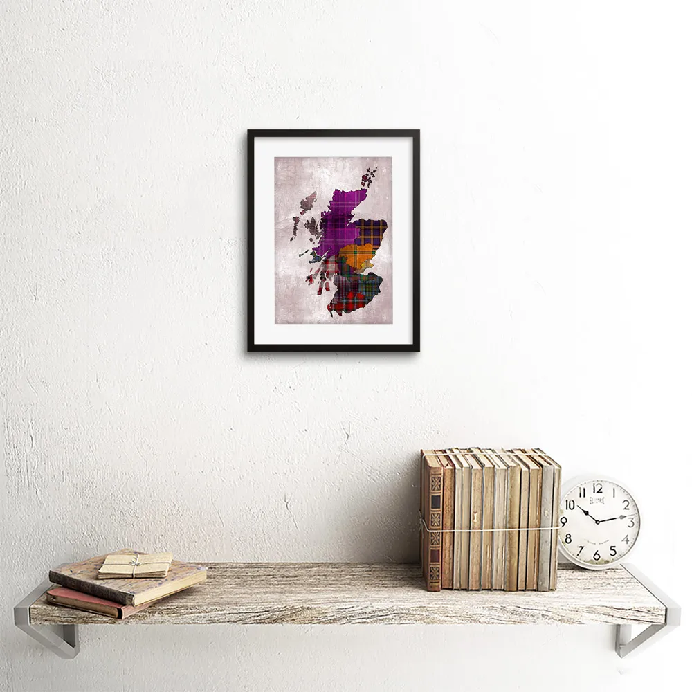 Map of Scotland Tartan Clans Framed Wall Art Print - Purple
