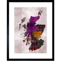 Map of Scotland Tartan Clans Framed Wall Art Print - Purple
