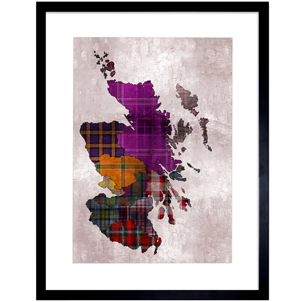 Map of Scotland Tartan Clans Framed Wall Art Print - Purple image