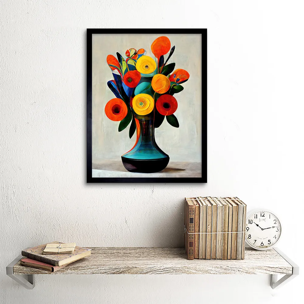 Mid Century Floral Bouquet Framed Wall Art Print - Orange