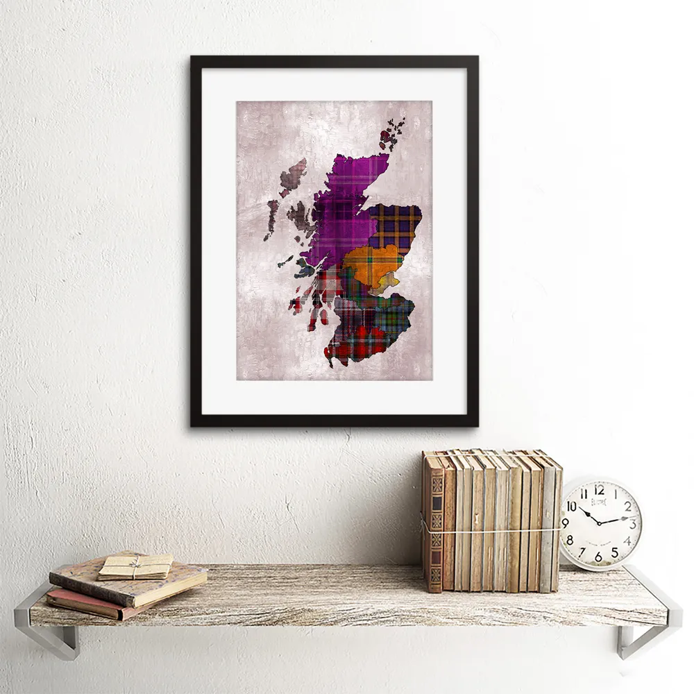 Scotland Tartan Inset Regions Map Framed Wall Art Print - Purple