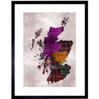 Scotland Tartan Inset Regions Map Framed Wall Art Print - Purple