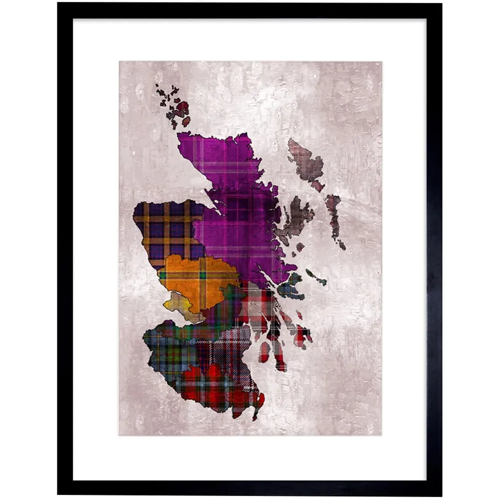 Scotland Tartan Inset Regions Map Framed Wall Art Print - Purple image