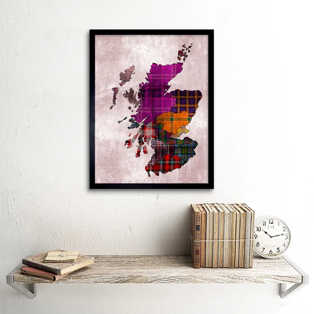 Scotland Tartan Regions Scottish Clan Map Framed Wall Art - Purple