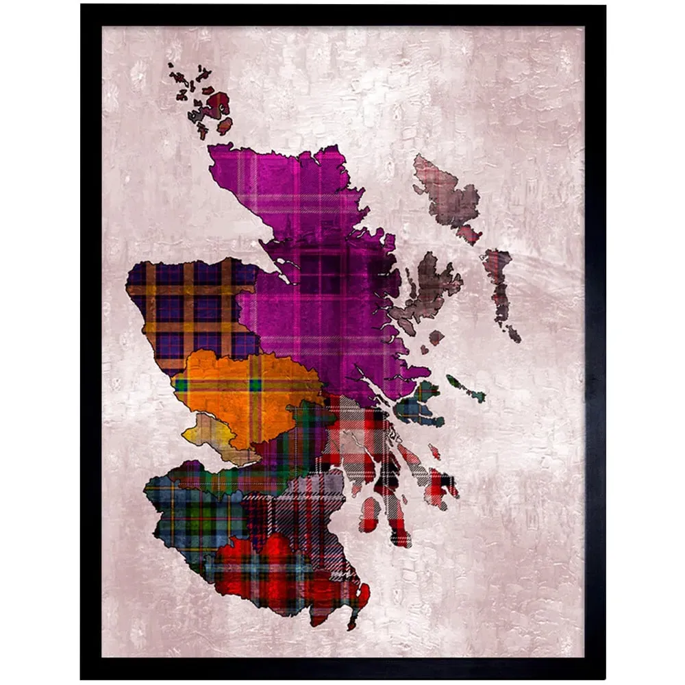 Scotland Tartan Regions Scottish Clan Map Framed Wall Art - Purple