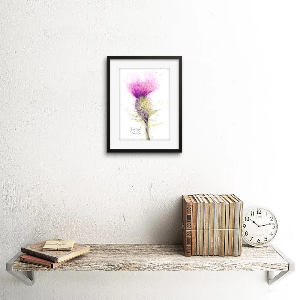 Scottish Thistle Flower Bloom Watercolour Framed Wall Art - Purple