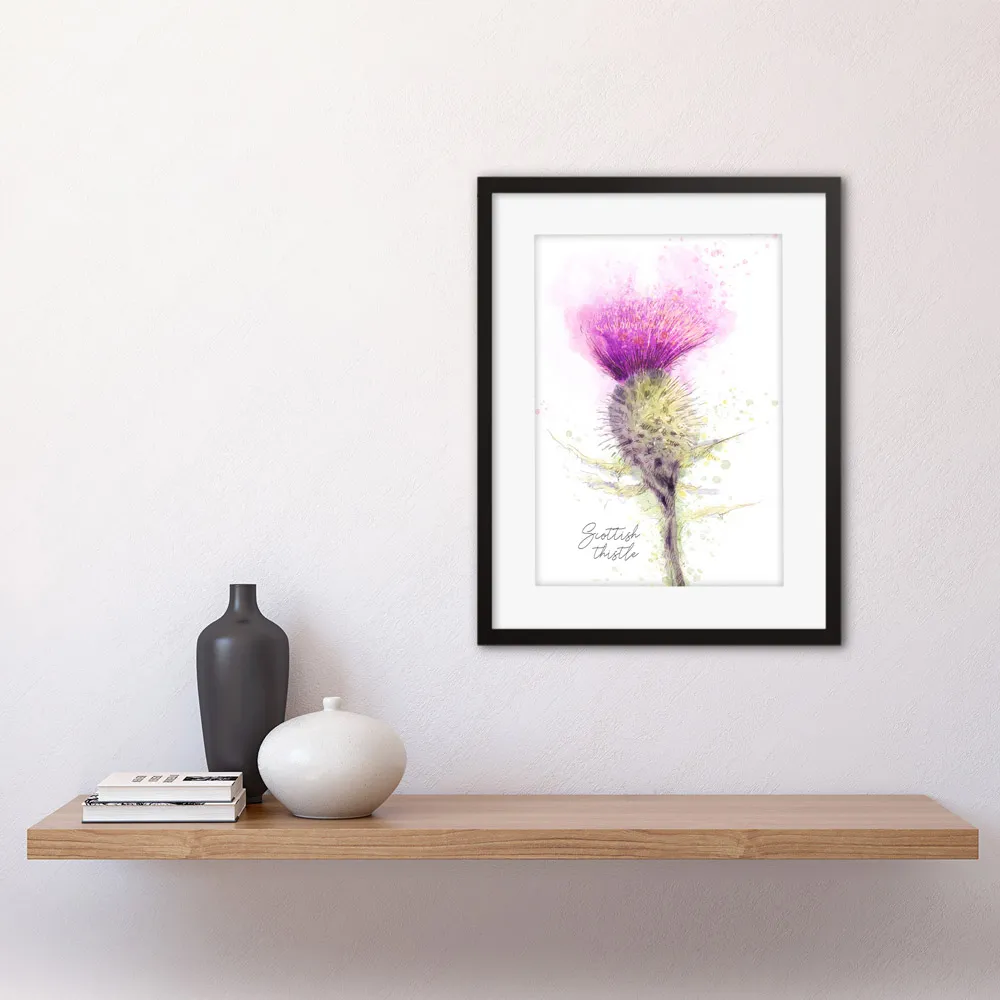 Thistle Flower Head Scotland Watercolour Framed Wall Art - Purple