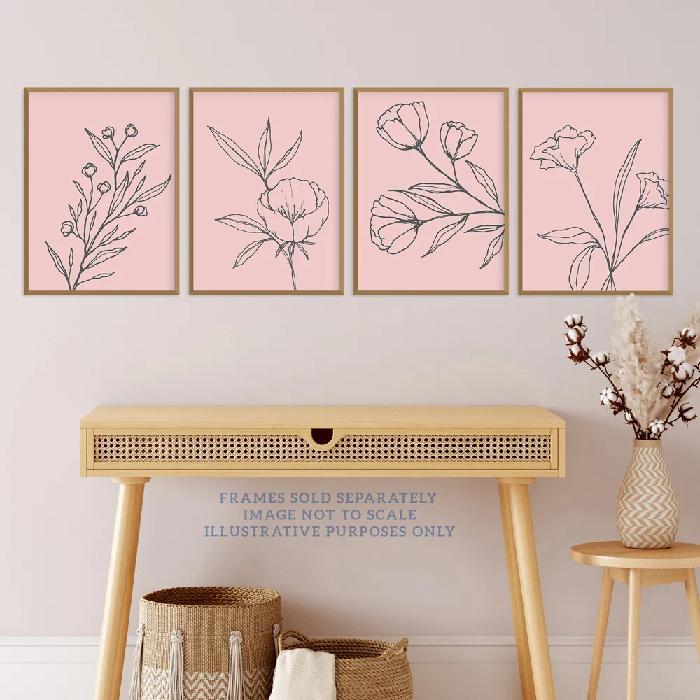 Wildflower Outline Wall Art Print 4 Pack - Black, Pink