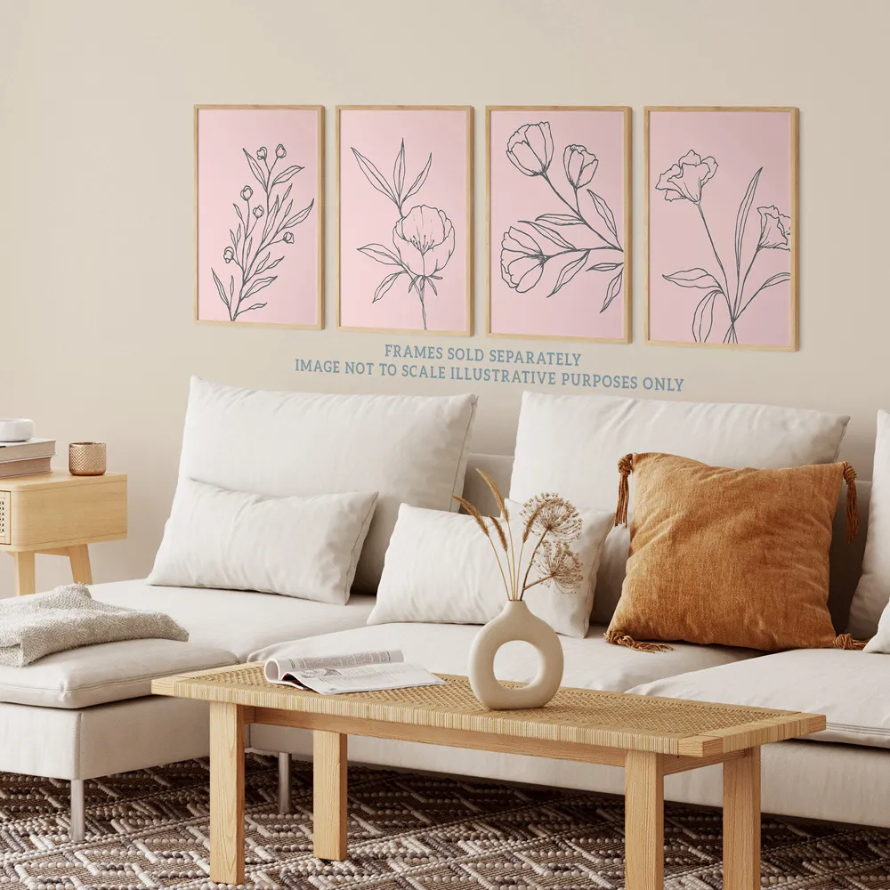 Wildflower Outline Wall Art Print 4 Pack - Black, Pink