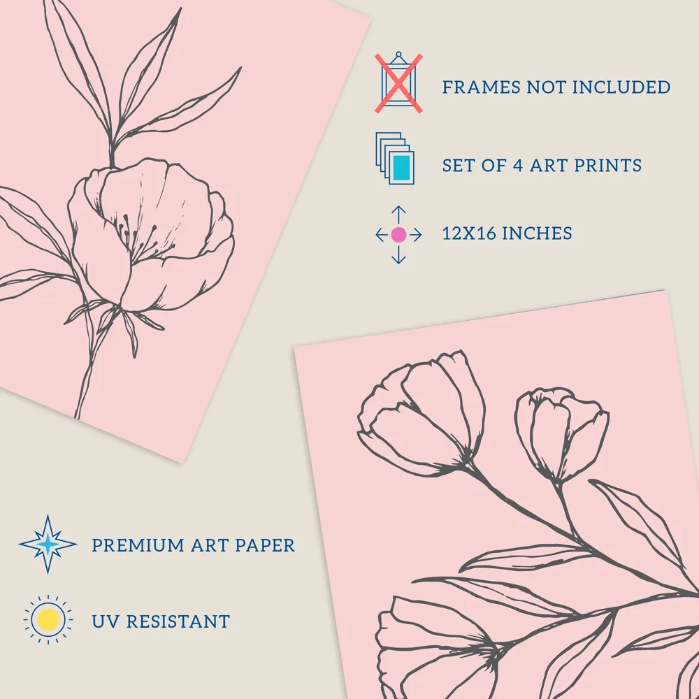 Wildflower Outline Wall Art Print 4 Pack - Black, Pink