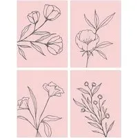 Wildflower Outline Wall Art Print 4 Pack - Black, Pink
