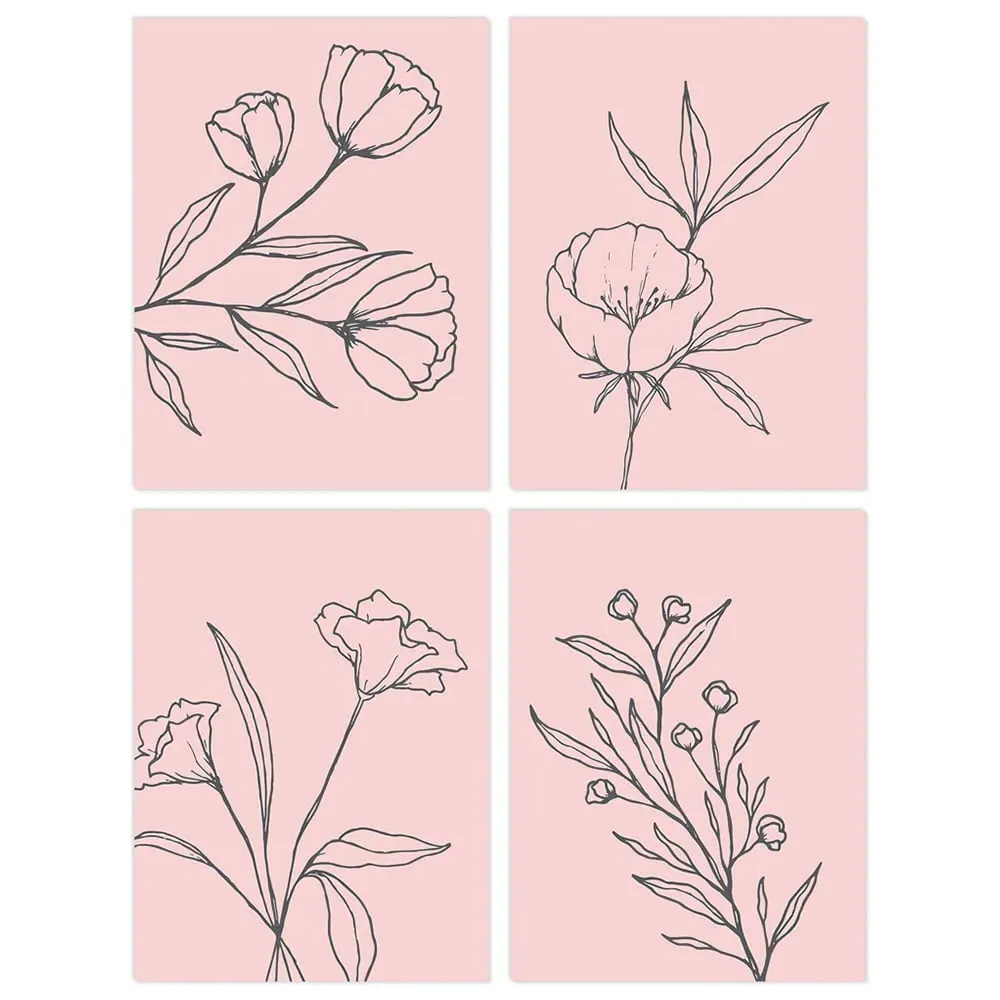 Wildflower Outline Wall Art Print 4 Pack - Black, Pink image
