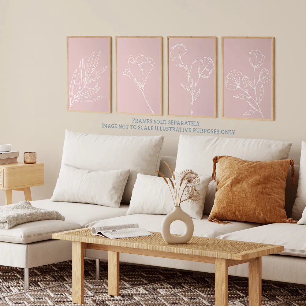 Wildflower Outline Wall Art Print 4 Pack - Cream, Pink