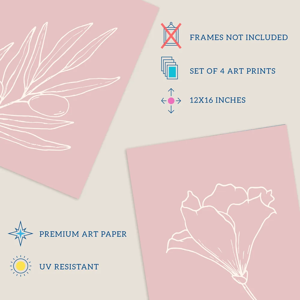 Wildflower Outline Wall Art Print 4 Pack - Cream, Pink