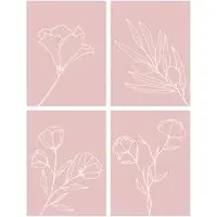 Wildflower Outline Wall Art Print 4 Pack - Cream, Pink