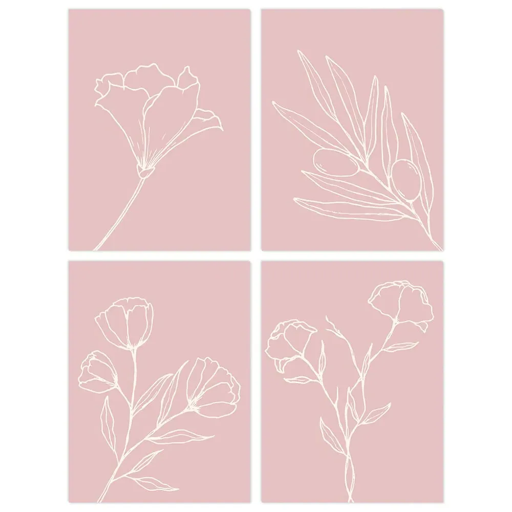 Wildflower Outline Wall Art Print 4 Pack - Cream, Pink
