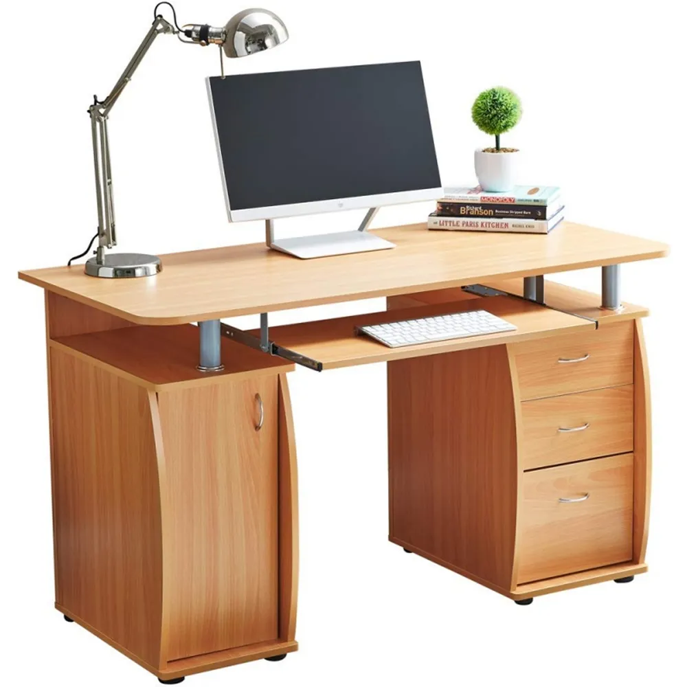 Computer Desk with 3 Drawers & Storage Cabinet - Beech