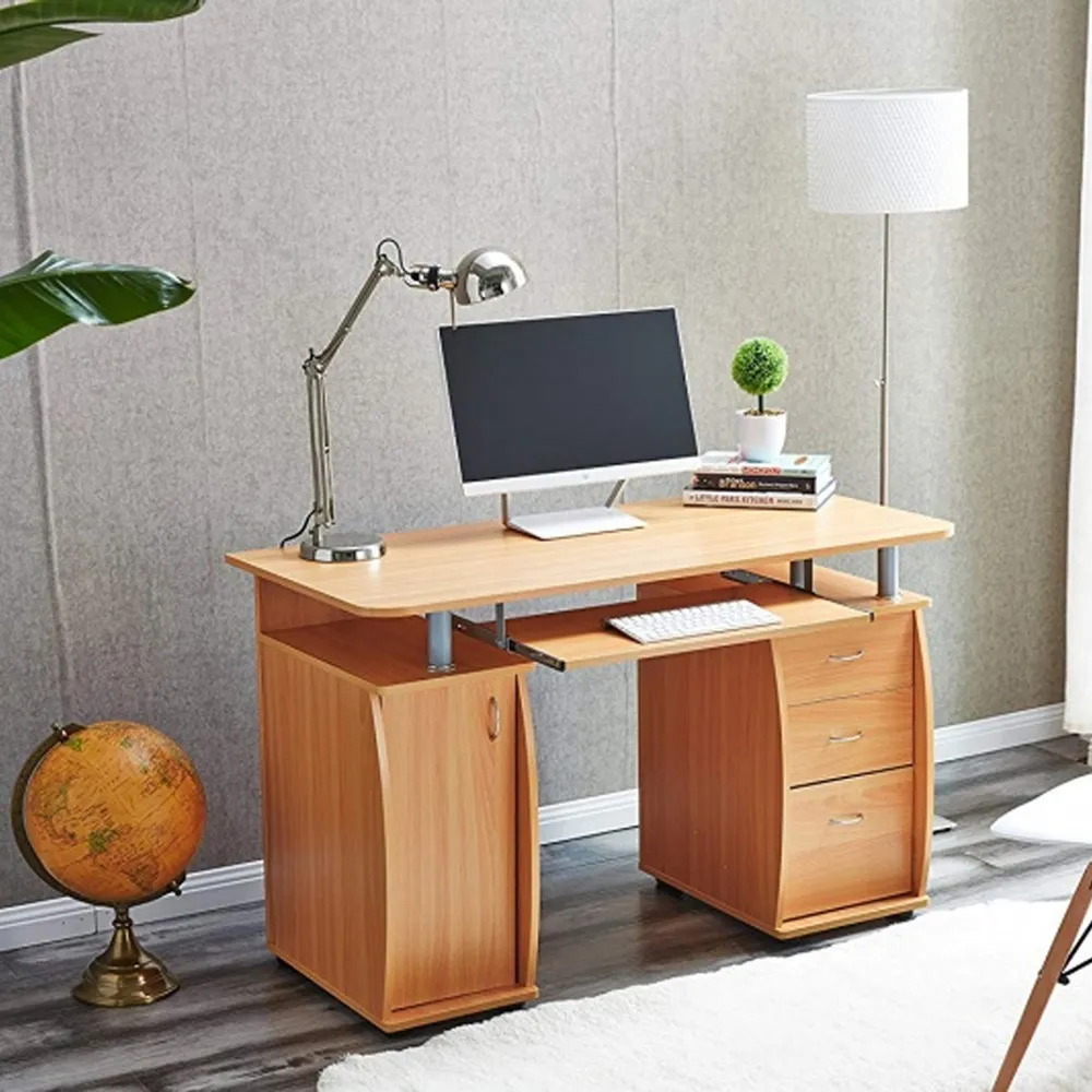 Computer Desk with 3 Drawers & Storage Cabinet - Beech