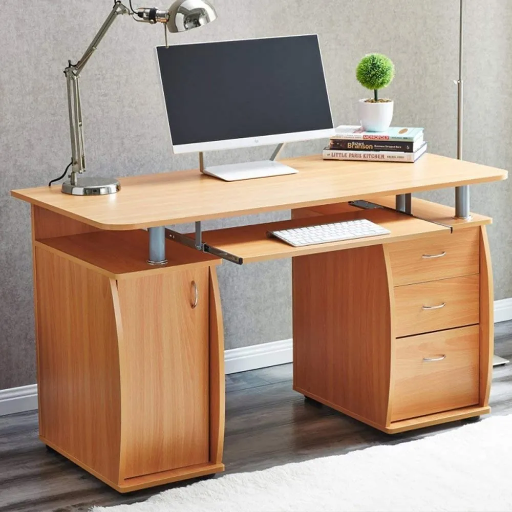 Computer Desk with 3 Drawers & Storage Cabinet - Beech