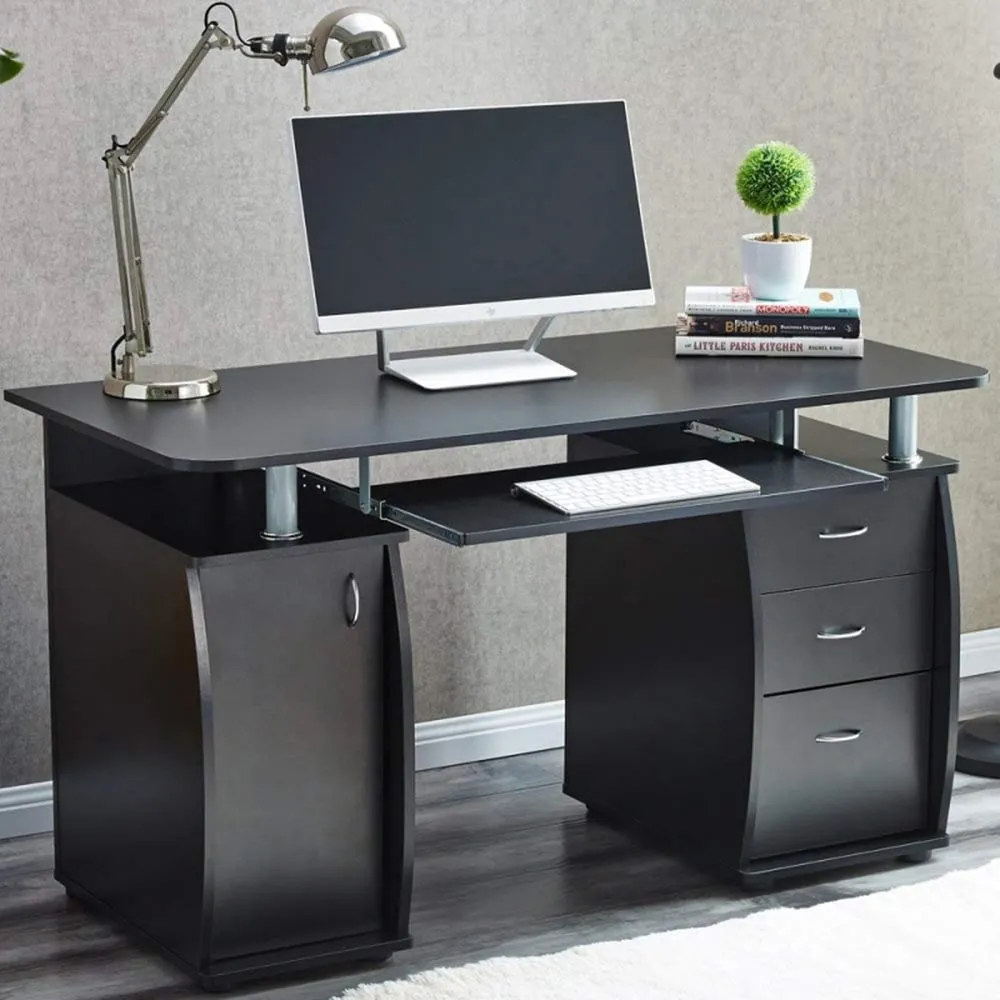Computer Desk with 3 Drawers & Storage Cabinet - Black