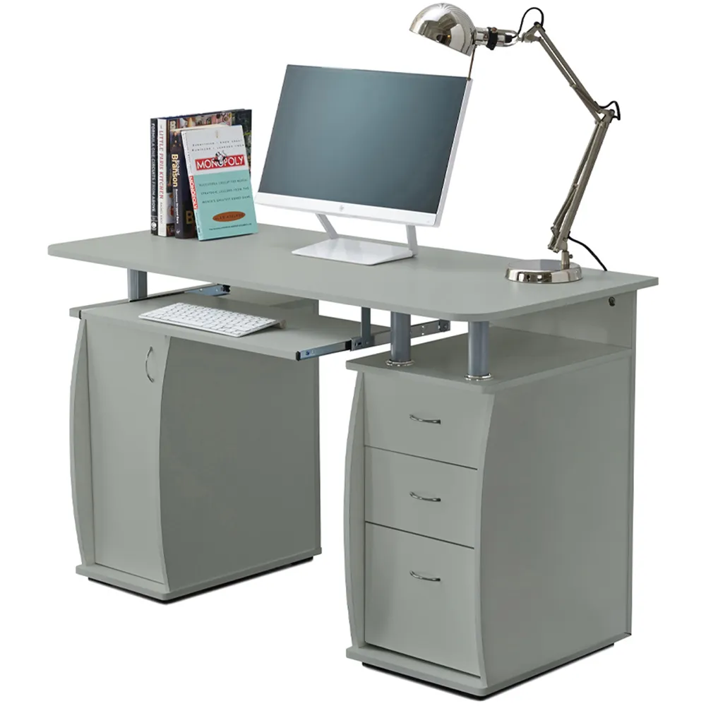 Computer Desk with 3 Drawers & Storage Cabinet - Grey