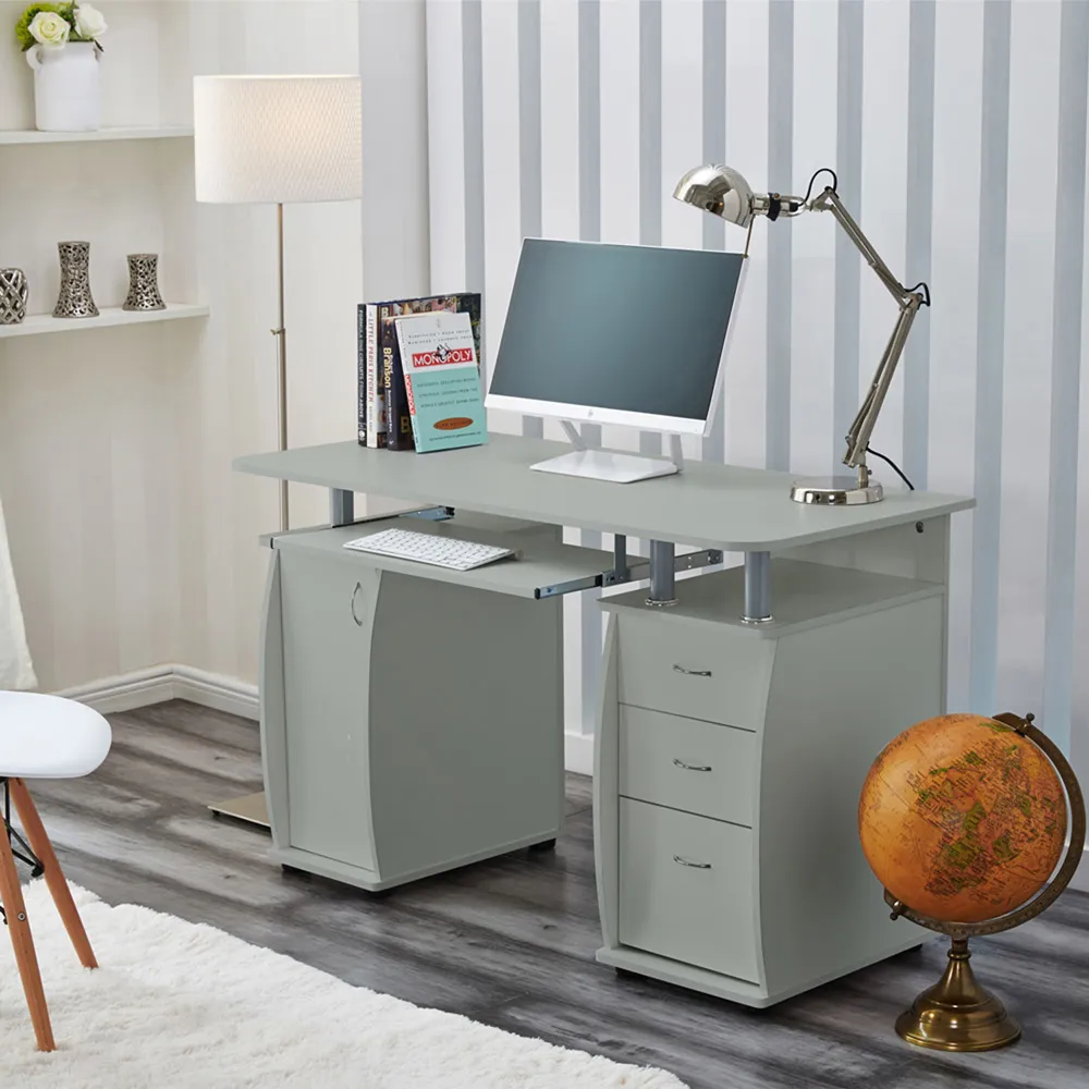 Computer Desk with 3 Drawers & Storage Cabinet - Grey