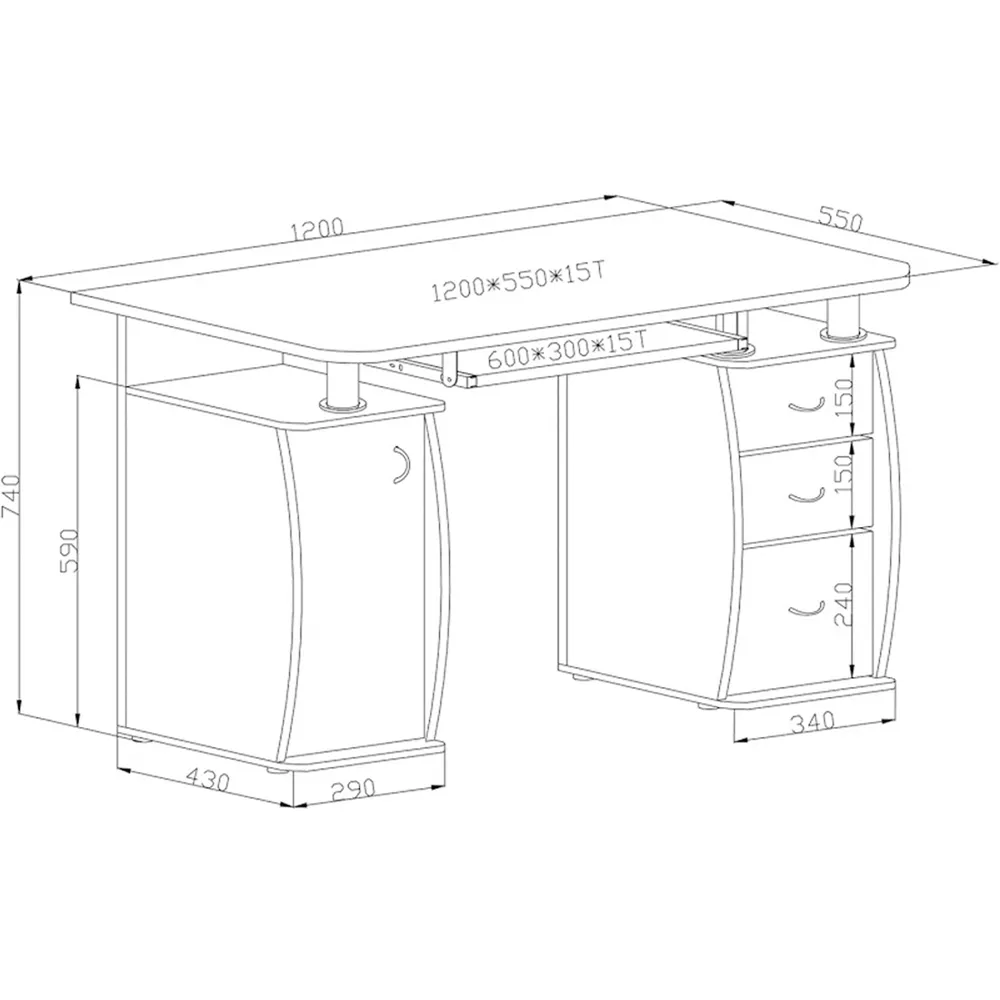 Computer Desk with 3 Drawers & Storage Cabinet - Grey