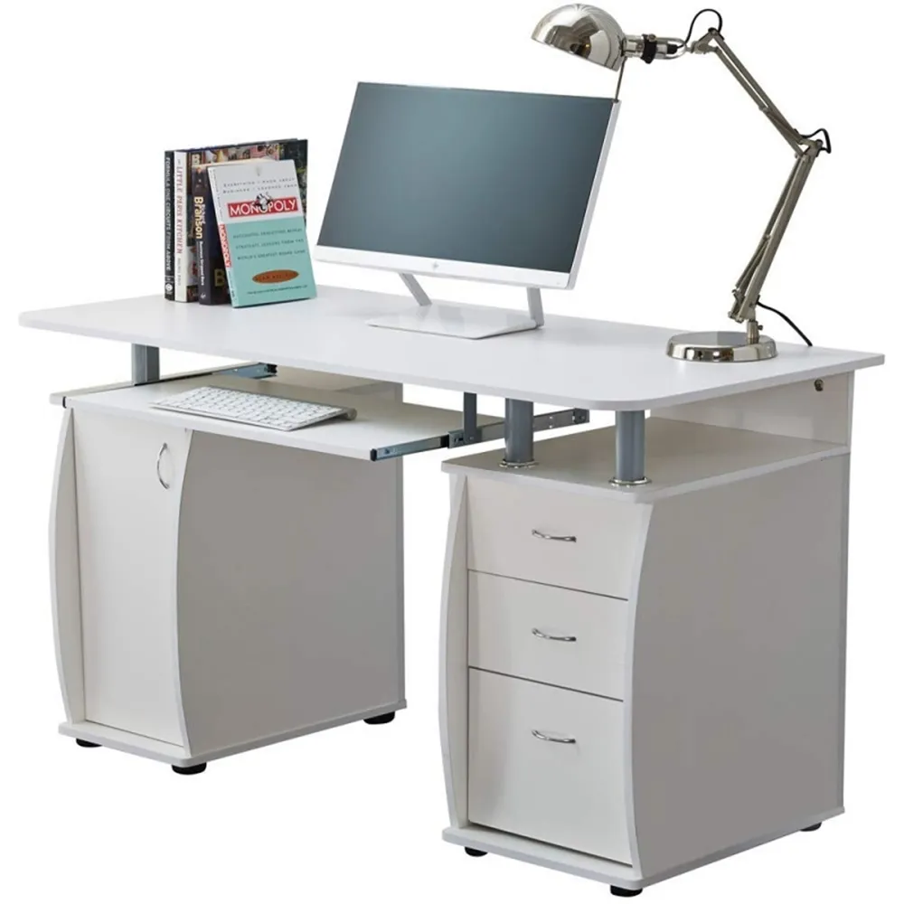 Computer Desk with 3 Drawers & Storage Cabinet - White