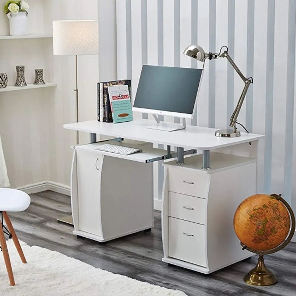 Computer Desk with 3 Drawers & Storage Cabinet - White