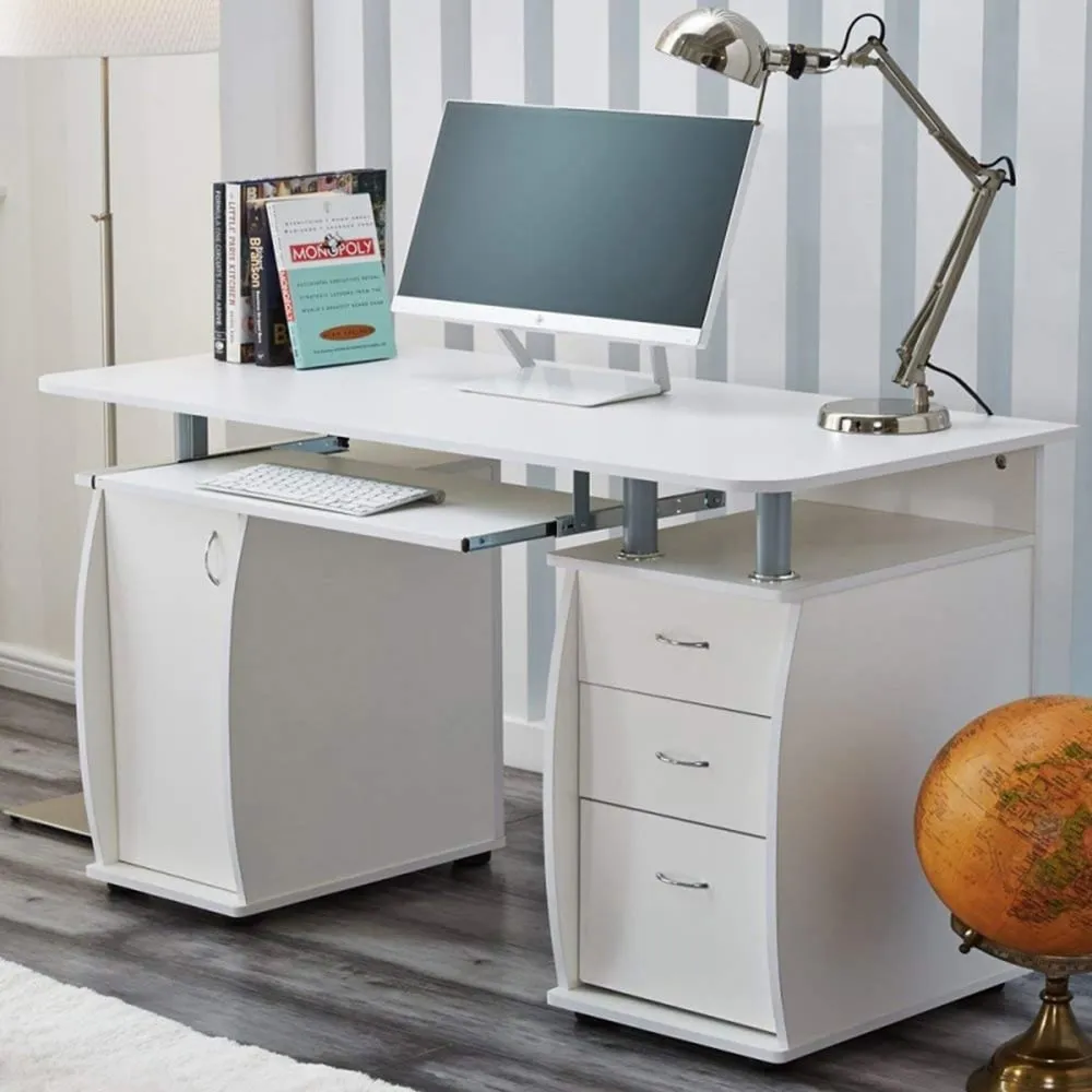 Computer Desk with 3 Drawers & Storage Cabinet - White image