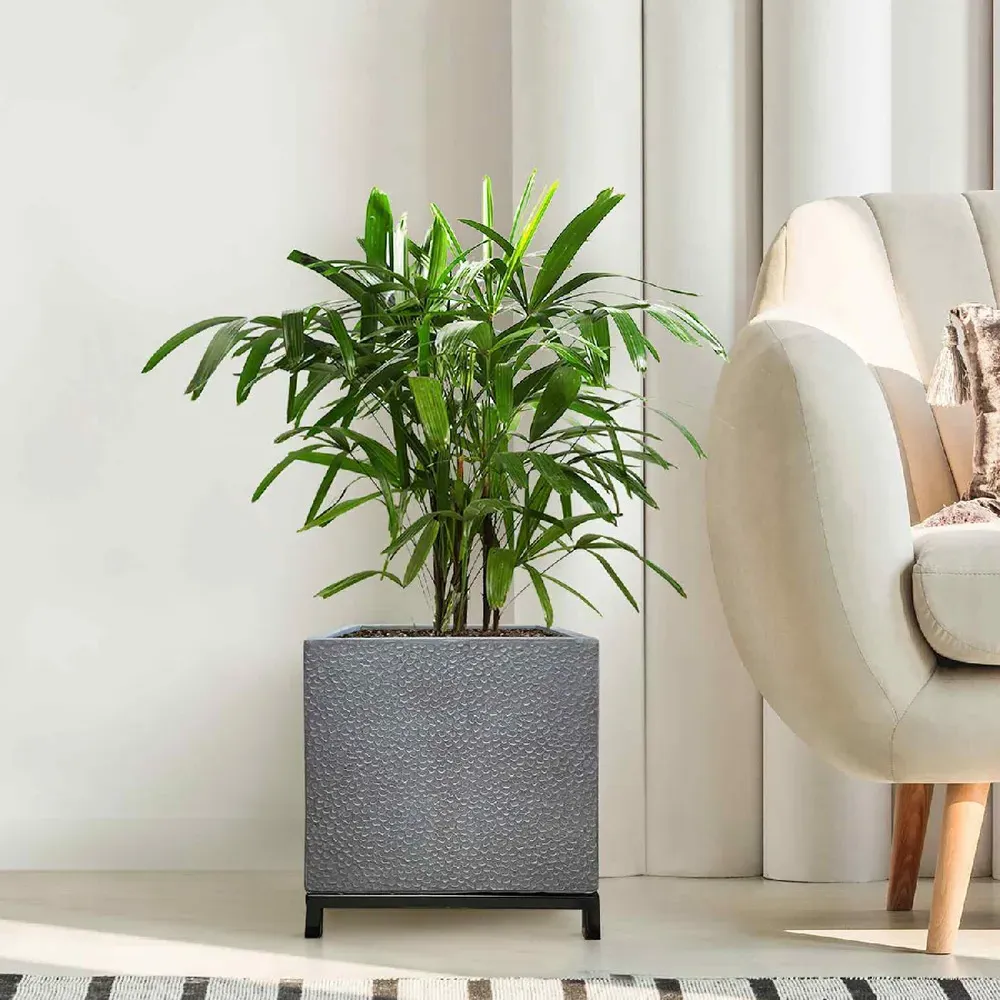 Hammered Stone Square Indoor Planter on Metal Stand - Light Grey