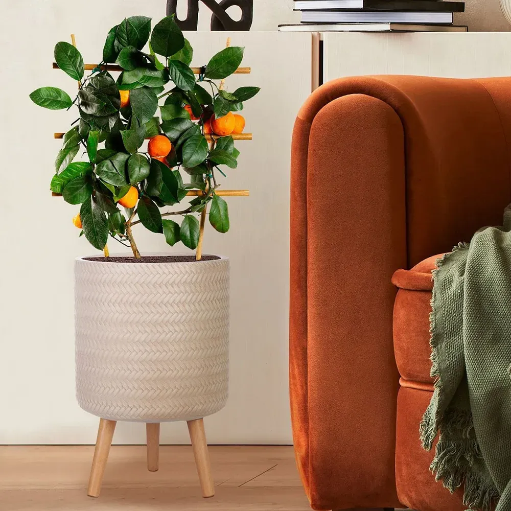 Plaited Cylinder Plant Pot with Legs - Beige